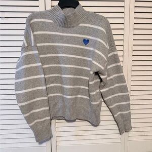 Elegant Gray Striped Sweater with Blue Heart
